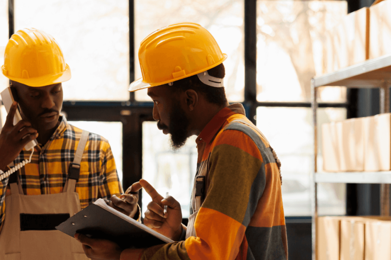 men with yellow hard hats discussing