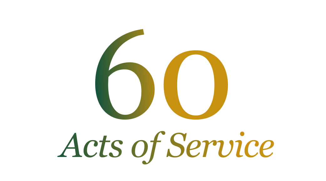 60 Acts of Service. Stylized text graphic that reads '60 Acts of Service' on a plain white background. The large number '60' sits centered above the italicized phrase 'Acts of Service'. Both the number and the text feature a color gradient that transition